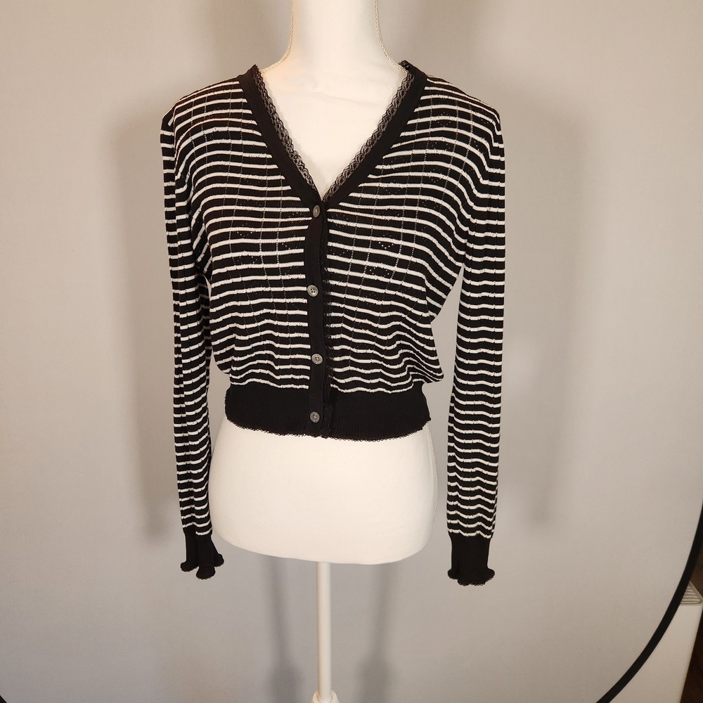 J crew NWOT Black Stripe Pointelle Cotton Sweater Cardigan Tank Set Medium
